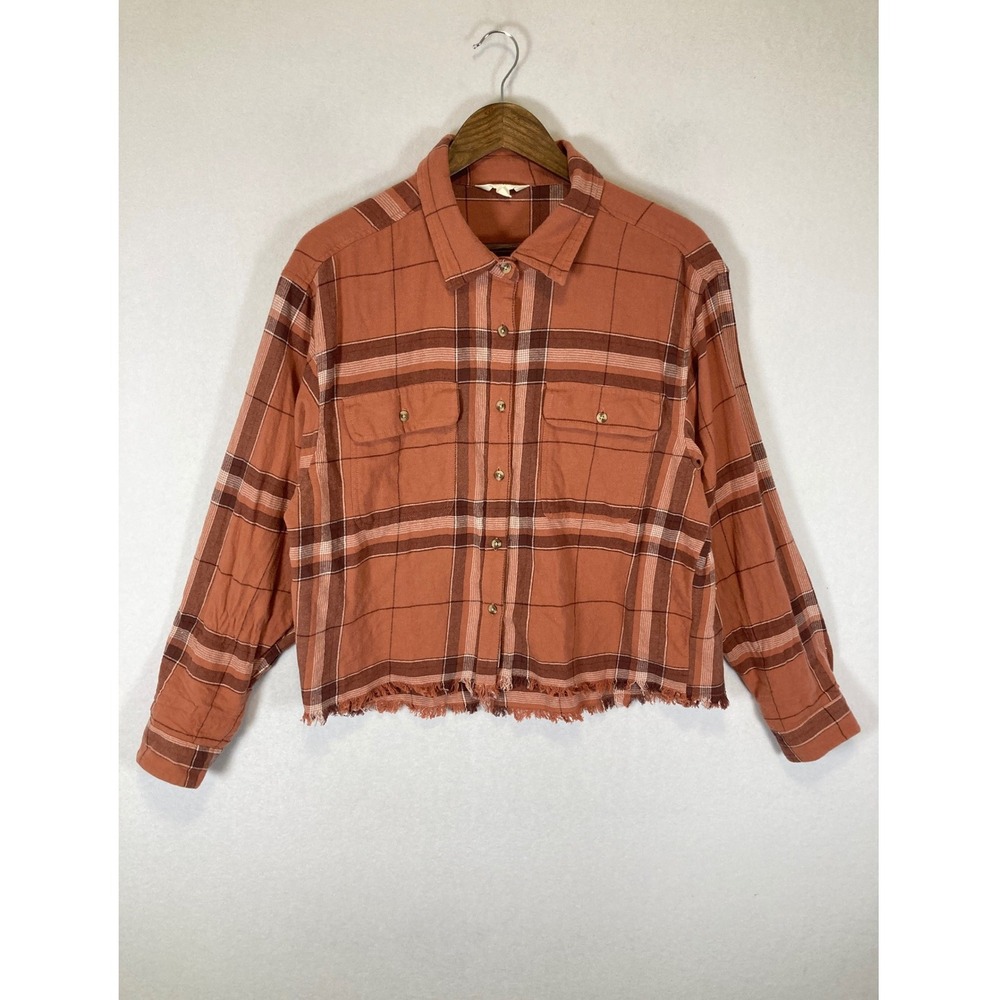 Boho Lucky Brand Womens LG Orange Plaid Cropped Raw Hem Cotton Button Down Shirt